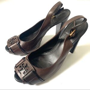 Tory Burch Leather Peep Toe Logo Heels Pumps